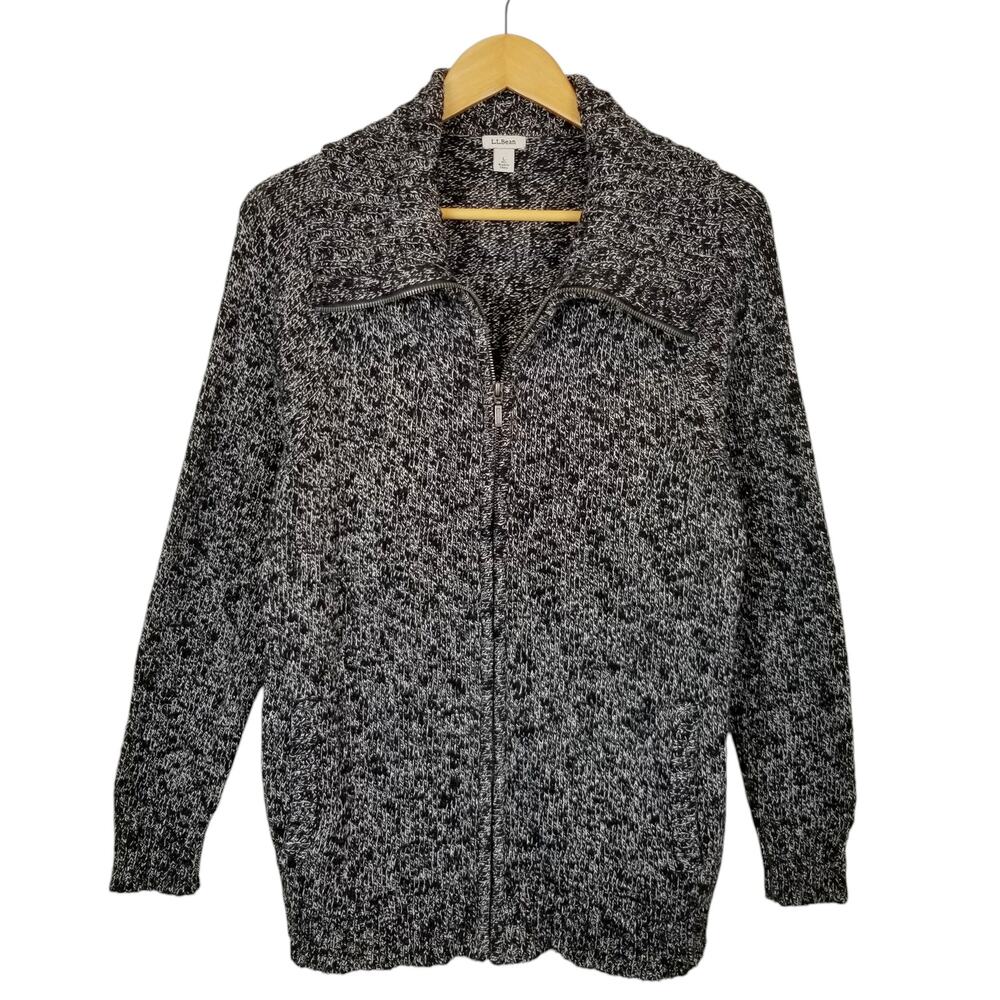 L.L. Bean Women's Black White Zip Front 100% Cotton Cardigan Size Large
